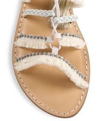 Schutz Jolina Embellished Fringe Lace Up Flat Sandals