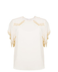 Beige Fringe Silk Short Sleeve Blouse