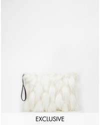 Story Of Lola Faux Fur Clutch Bag In Cream With White Contrast