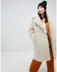Monki Double Breasted Teddy Coat In Off White
