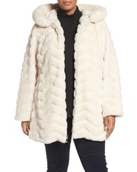 Gallery Plus Size Hooded Chevron Faux Fur Coat