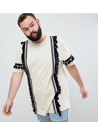 ASOS DESIGN Festival Plus Relaxed Longline T Shirt With Aztec Taping And Tassels In Ecru