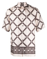 Beige Geometric Silk Short Sleeve Shirt