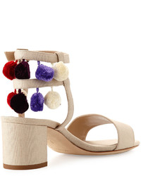 Manolo Blahnik Pompom Linen Block Heel Sandal