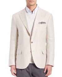 Beige Herringbone Linen Blazer