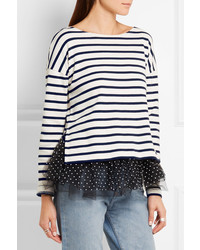 J.Crew Polka Dot Tulle Trimmed Striped Jersey Top Cream