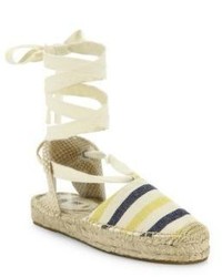 Beige Horizontal Striped Canvas Flat Sandals