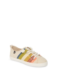 Beige Horizontal Striped Canvas Low Top Sneakers