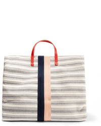 Clare Vivier Clare V Simple Textured Leather Trimmed Striped Canvas Tote Cream
