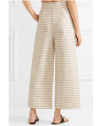 Mara Hoffman Cropped Striped Basketweave Cotton Blend Wide Leg Pants Cream