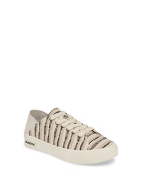 Beige Horizontal Striped Leather Low Top Sneakers