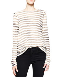 Beige Horizontal Striped Long Sleeve T-shirt