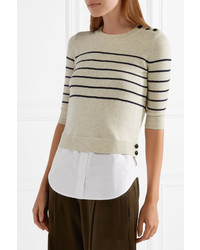 Veronica Beard Knot Cotton Paneled Striped Silk And Cashmere Blend Top Beige