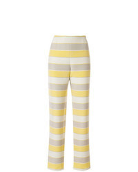 Beige Horizontal Striped Tapered Pants