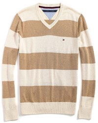Beige Horizontal Striped V-neck Sweater