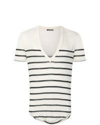 Beige Horizontal Striped V-neck T-shirt