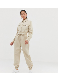 Missguided Petite Utility Long Sleeve Jumpsuit In Beige