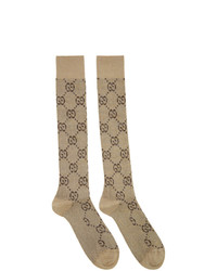 Gucci Beige And Brown Gg Supreme Socks