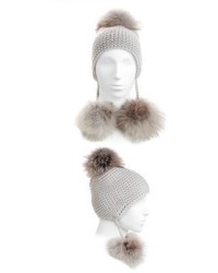 Inverni Triple Fox Fur Pom Pom Cashmere Hat