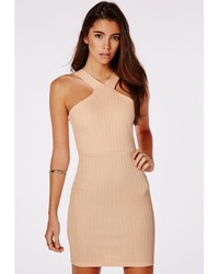 Missguided Ribbed Cross Strap Bodycon Dress Nude