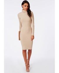 Missguided Ribbed Roll Neck Long Sleeve Bodycon Dress Camel