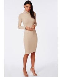 Missguided Ribbed Roll Neck Long Sleeve Bodycon Dress Camel
