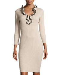 Neiman Marcus Ruffle Collar Ribbed Dress Sleek Beige
