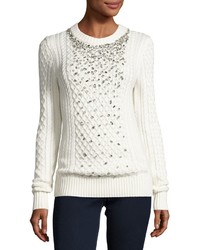 MICHAEL Michael Kors Michl Michl Kors Embellished Cable Knit Crewneck Sweater Ecru