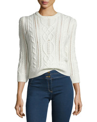 Veronica Beard Surrey Cable Knit Pullover Sweater Cream