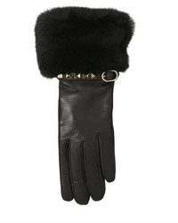 Valentino Rockstud Leather Rabbit Fur Gloves