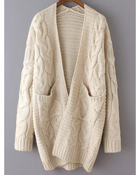 Beige Long Sleeve Cable Knit Pockets Cardigan