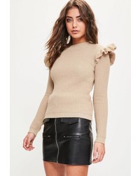Missguided Nude Frill Shoulder Knit Sweater