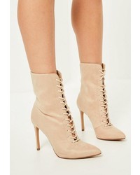 Missguided Nude Pointed Lace Up Heeled Ankle Boots