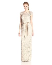 Adrianna Papell Cap Sleeve Lace Column Gown With Illusion Neckline And Ribbon Belt