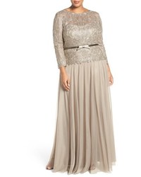 Tadashi Shoji Belted Lace Tulle Gown