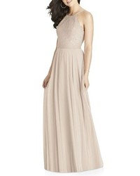 Dessy Collection Lace Chiffon Halter Gown