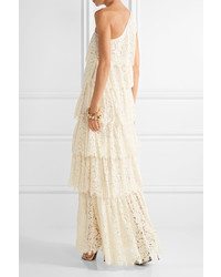 Rachel Zoe Rayne One Shoulder Tiered Corded Lace Gown Cream