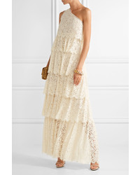 Rachel Zoe Rayne One Shoulder Tiered Corded Lace Gown Cream