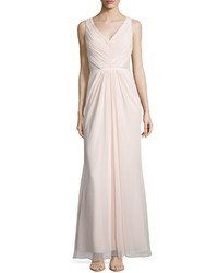 Monique Lhuillier Sleeveless Ruched Bodice Lace Back Dress