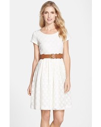 Chetta B Belted Knit Lace Fit Flare Dress