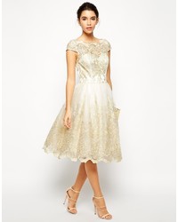 Bardot Chi Chi London Premium Metallic Lace Midi Prom Dress With Neck
