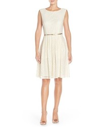 Ellen Tracy Pleated Lace Fit Flare Dress