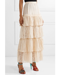 Gucci Tiered Silk Satin And Lace Maxi Skirt Cream