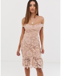 Missguided Lace Bardot Bodycon Dress In Nude