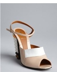 Fendi Nude And White Leather Spiked Stacked Heel Sandals