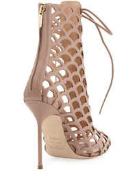 Sergio Rossi Laser Cut Leather Lace Up Sandal Beige