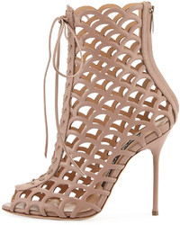 Sergio Rossi Laser Cut Leather Lace Up Sandal Beige