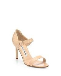 Manolo Blahnik Nellang Patent Leather Mary Jane Sandals New Nude