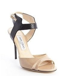 Jimmy Choo Nude And Black Patent Leather Marcia Sandals