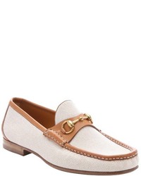 Gucci Beige Leather Trimmed Canvas Horsebit Detail Loafers